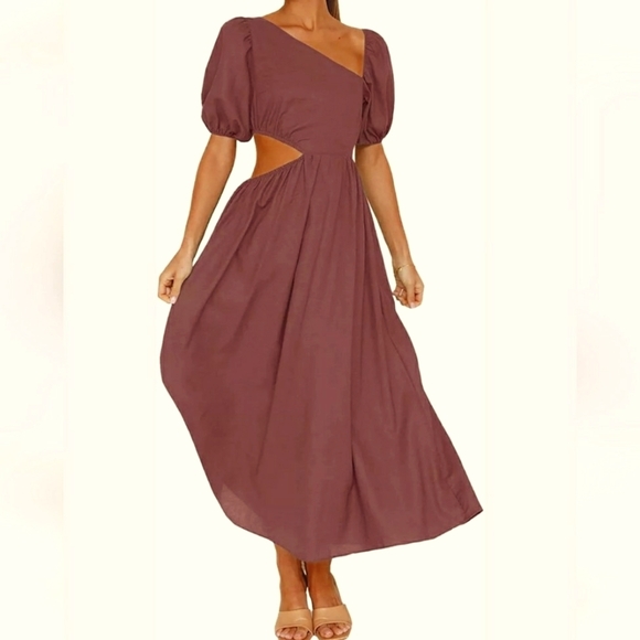 BTFBM Puff Sleeve Asymmetrical Neck High Waist Cutout Swing Maxi Dress Plum SZ S - Picture 1 of 12